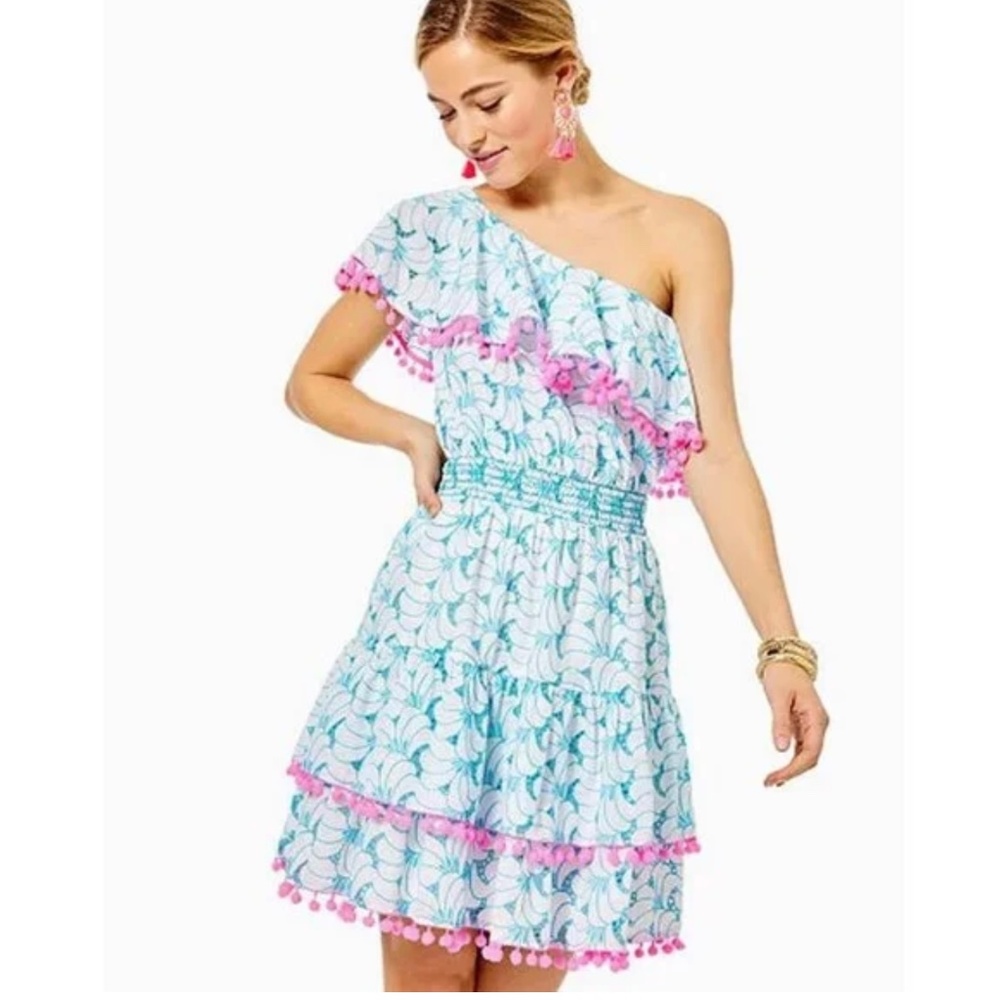 EUC!!! LILLY ADDILYN BERMUDA BLUE SWIRL ONE SHOULDER EYELET DRESS!!! MEDIUM!!!